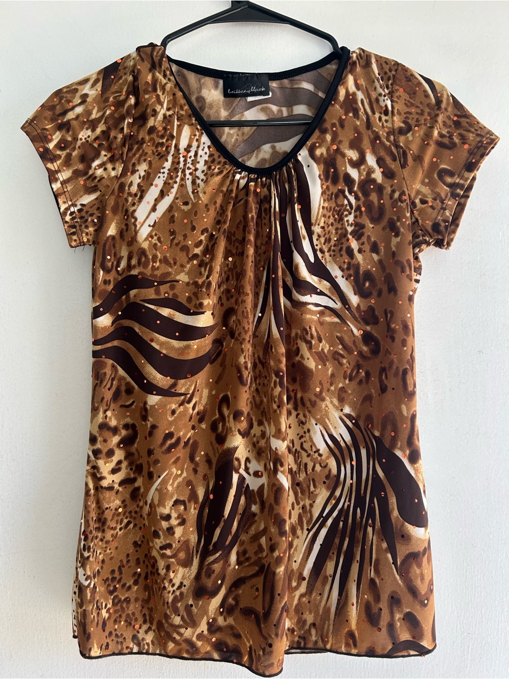 Vintage Y2k Brittany Black Animal Print Top with Sequin Dots - Size Small